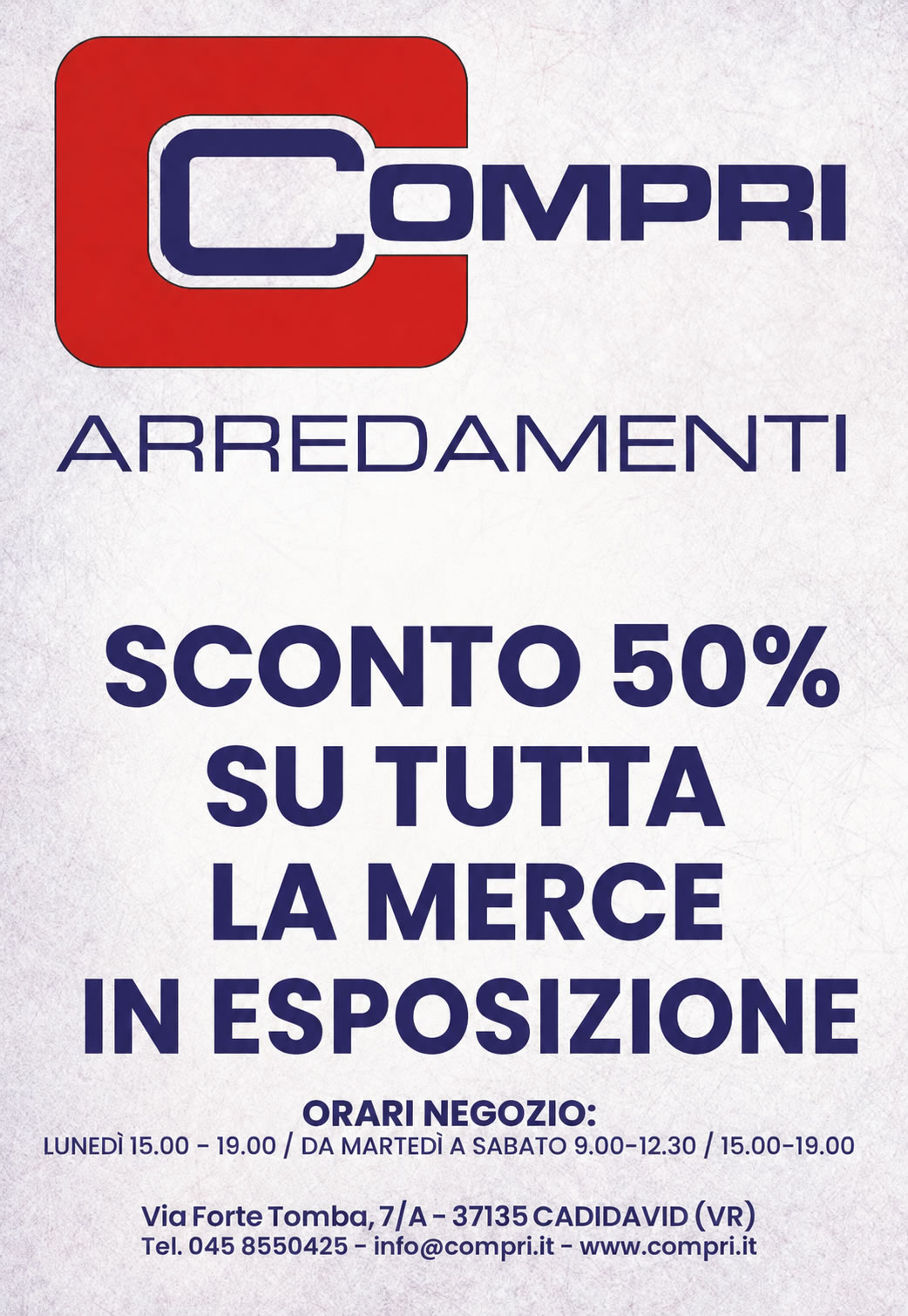 Banner promozionale Compri Arredamenti con annuncio Sconto 50% su tutta la merce in esposizione, orari di apertura e contatti.